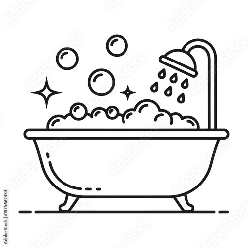 Bath tub filled with bubbles and running shower water relaxation and cleanliness concept