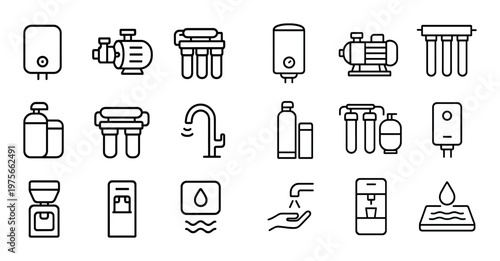 Water filtration and plumbing icons illustrating fixtures and dispensers