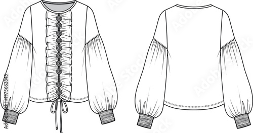 Fashion Technical Sketch of a Women's Long Sleeve Blouse with Ruched Front Button Detail Bishop Sleeves and Smocked Elastic Cuffs