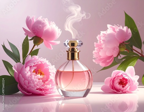 A pink perfume bottle surrounded by pink flowers and green leaves on a white surface with a soft pink background