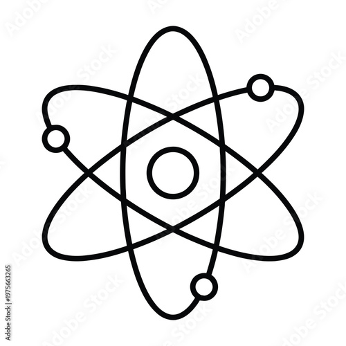 Simple black line drawing of an atom with orbiting electrons and nucleus