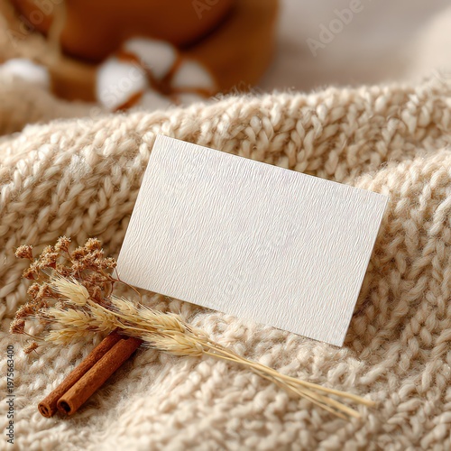 Cozy Textured Blanket with Blank White Card Cinnamon Stick and Dried Wheat Stalks Soft Warm Lighting Ideal for Winter Greetings or Autumn Announcements