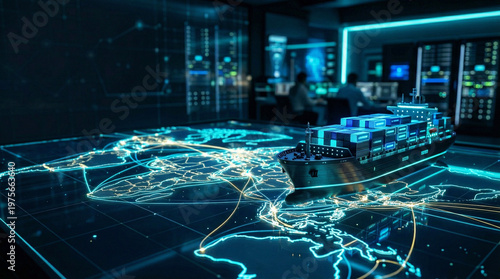 Global Shipping Network: A high-tech control room monitors a model cargo ship traversing a digital world map, symbolizing the intricate network of global trade and logistics.