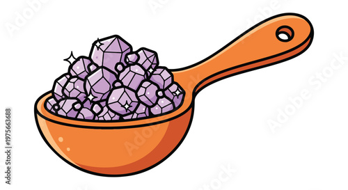 A wooden spoon filled with sparkling purple crystals and gemstones, representing magic or valuable minerals