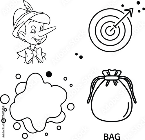 Lie Concept, Target Goal and Abstract Shape Icon Set – Pinocchio Nose, Business Aim, Creative Blob and Bag Vector Illustration