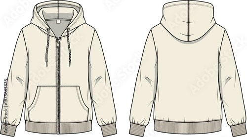 Technical flat sketch of a cream zip up hoodie sweatshirt with front pockets and drawstring hood for fashion design mockups.