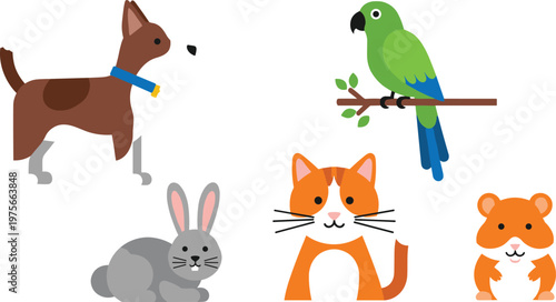 Cute Animal Collection with Dog, Cat, Rabbit, Parrot, and Hamster, Flat Style Illustrations for Pets, Animal Lovers, and Kids Designs