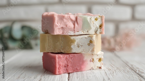 Stack of three artisanal soaps in pastel pink and cream colors decorated with gold glitter and botanical elements resting on a white wooden surface with a soft focus brick wall background and