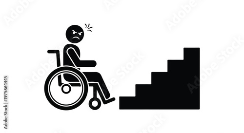 Frustrated person in wheelchair facing a set of stairs symbolizing accessibility challenges and barriers