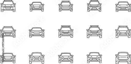 Car front view outline icon set vector with different vehicle styles in minimal line art design illustration