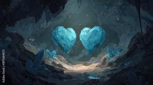 Two glowing blue crystal heart-shaped formations suspended in a dark, atmospheric cavern with stalactites and glowing orange particles illuminating the rocky environment and crystal clusters in soft