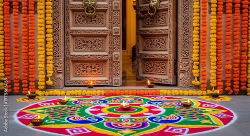 Colorful Rangoli and Decorated Doors for Festive Celebration.