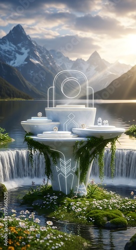 Fantasy landscape with floating table and waterfall, mountains in background.