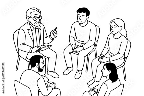Group therapy session with counselor and five individuals in casual discussion, black and white line art style, on white background