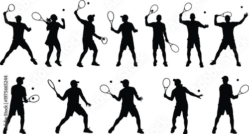 Tennis Players in Action, Silhouette Illustrations of Various Tennis Poses for Sports, Fitness, and Active Lifestyle Designs