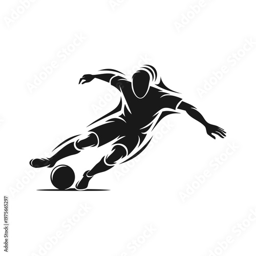 Dynamic soccer player kicking ball, black silhouette sports icon, athletic motion, football vector graphic