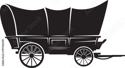 Vintage covered wagon, horse-drawn carriage, black silhouette, vector illustration, transportation icon