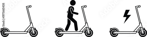Electric scooter icon set vector with e-scooter, rider, and charging symbol in minimal outline transportation design