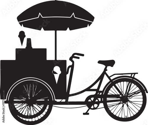 Black bicycle ice cream cart, food truck vector, umbrella dessert vendor, bike mounted