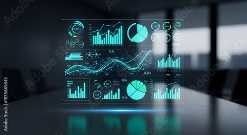 Business presentation with graphs and charts on a screen in a meeting room