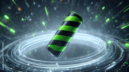 Futuristic Power Cell with Black and Green Stripes Levitating in a Digital Energy Vortex Surrounded by Glowing Particles and Streaks of Light