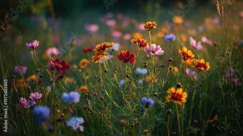 Vibrant Meadow Bursting With Colorful Wildflowers Under Golden Hour Sunlight A Serene Natural Landscape Painting With Delicate Dewdrops
