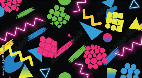 Retro 80s Style Abstract Geometric Pattern Background with Neon Accents