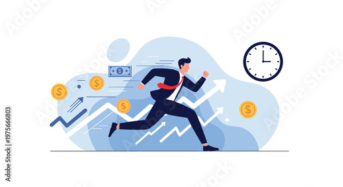 Motivated businessman running fast against time towards financial success with rising growth charts and flying money coins and bills.