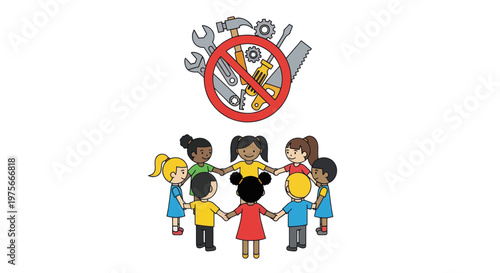 Diversity kids hands together, anti violence no war sign, unity children, multicultural group, solidarity