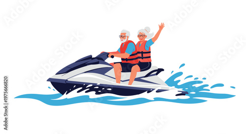 Active senior couple wearing life jackets and enjoying a thrilling ride on a jet ski over splashing blue ocean waves.