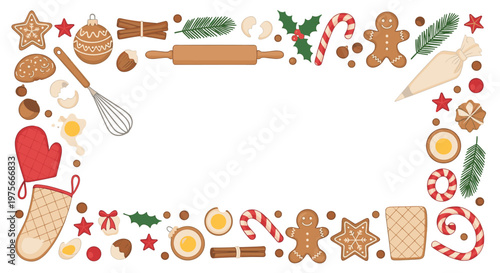Festive Christmas baking frame with gingerbread cookies, candy canes, rolling pin, whisk, and various kitchen utensils.