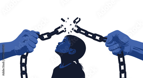 Breaking free, freedom, liberation concept, chain breaking, empowerment, human silhouette