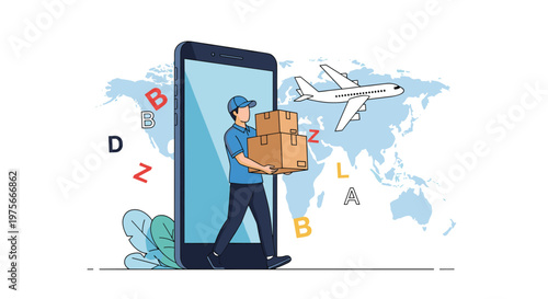 Delivery concept showing a courier in blue uniform stepping out of a smartphone screen carrying cardboard boxes.