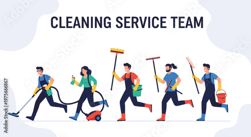 Professional cleaning service team in blue and green uniforms running towards their next job with various cleaning tools.