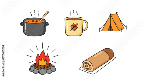 Selection of cozy autumn camping icons featuring a steaming pot of soup, mug, tent, campfire, and sleeping bag.