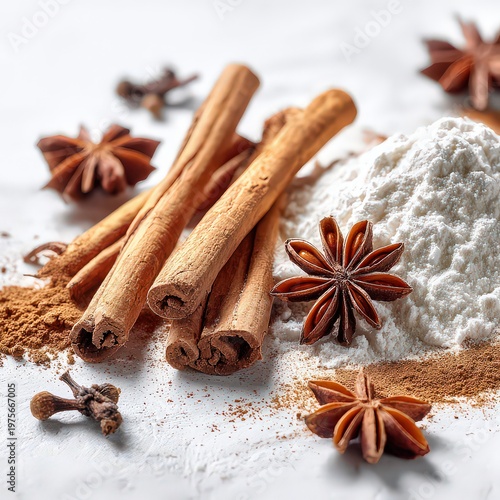 Warm Aromatic Spices Cinnamon Sticks Star Anise Cloves and Powdered Cinnamon Scattered on White Surface with Soft Natural Lighting
