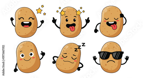 Collection of cute potato characters with various funny expressions like cool, sleepy, star-struck, and winking.