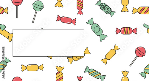 Colorful seamless pattern of different candies, sweets, and lollipops on a white background with a blank rectangle.