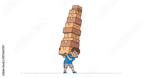 Cartoon man carrying, stacked boxes, heavy load, business concept, colorful vector