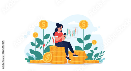 Young woman sitting on a stack of golden coins and using her smartphone for stock market trading and investment.