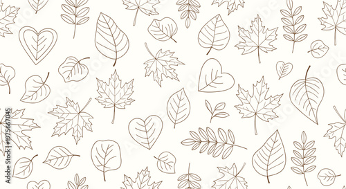 Delicate and minimalist seamless pattern of various sketched autumn leaves in brown outlines on a white background.