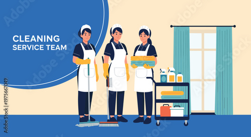 Three professional cleaning ladies in black uniforms and white aprons ready for housework in a bright living room.