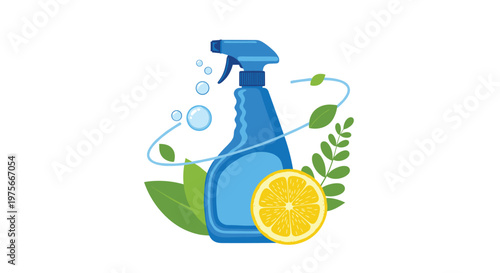 Eco-friendly cleaning concept with a blue spray bottle, fresh lemon slice, and green leaves on a white background.