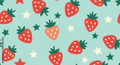 Sweet and summery seamless pattern of red strawberries and white and dark green stars over a light blue background.