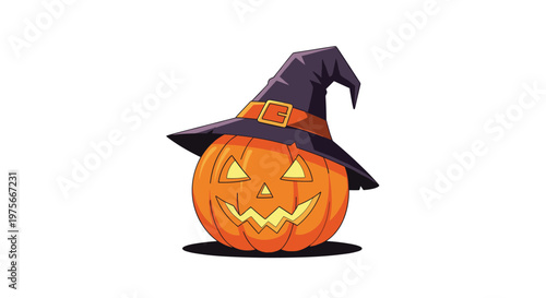 Traditional Halloween jack-o-lantern carved with a spooky smile and wearing a purple witch hat with an orange buckle on a white background.