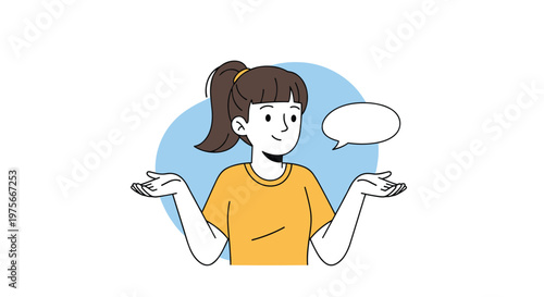 Young woman in an orange shirt shrugging her shoulders and holding her hands out with an empty speech bubble for a confused expression.