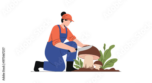 Female worker in blue overalls and an orange cap kneeling down to harvest a large brown mushroom from the soil with a small knife carefully.