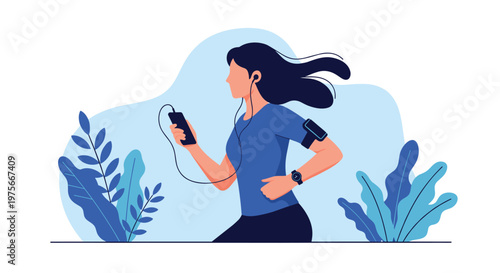 Energetic woman jogging outside while listening to music with headphones and a smartphone in a flat vector illustration with blue leaves.