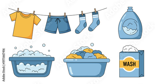 Collection of laundry icons including clothes hanging on a line, a basin with bubbles, a bottle of detergent, and a box of washing powder.