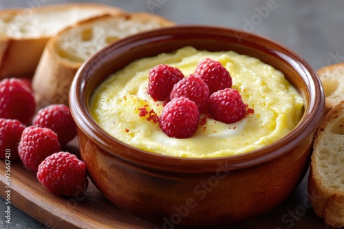 Close-up of a warm golden creamy dip garnished with fresh red raspberries and a sprinkle of paprika in a rustic brown bowl surrounded by slices of toasted baguette bread on a wooden board soft focus